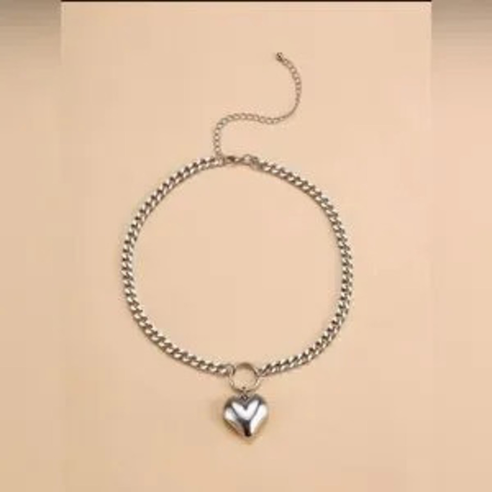 Silver Tone Chunky Chain Heart Pendant Necklace C Adjustable - Picture 3 of 3